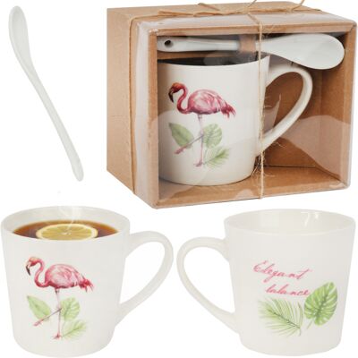 OEM Set Regalo Composto Da Tazza E Cucchiaino In Ceramica Decorati Con Fenicotteri E Foglie. OEM Set Regalo Composto Da Tazza E Cucchiaino In Ceramica Decorati Con Fenicotteri E Foglie.