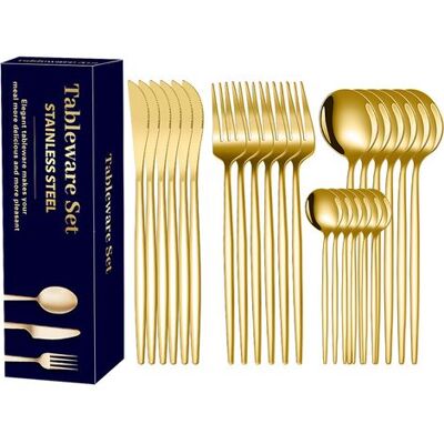 OEM Set Di Posate Placcate In Oro Per 6 Persone, Composto Da 24 Pezzi In Acciaio Inossidabile, Include Coltelli, Forchette E Cucchiai, Finitura Opaca, Lavabile In Lavastoviglie, Facile Da Pulire. OEM Set Di Posate Placcate In Oro Per 6 Persone, Composto Da 24 Pezzi In Acciaio Inossidabile, Include Coltelli, Forchette E Cucchiai, Finitura Opaca, Lavabile In Lavastoviglie, Facile Da Pulire.