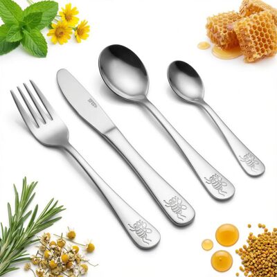 OEM Set Di Posate Per Bambini, Composto Da Cucchiaio, Forchetta E Coltello In Acciaio, 4 Pezzi. OEM Set Di Posate Per Bambini, Composto Da Cucchiaio, Forchetta E Coltello In Acciaio, 4 Pezzi.