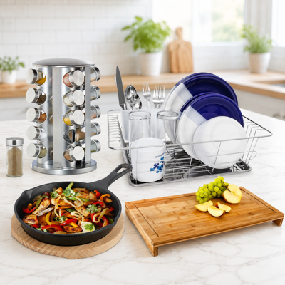 NORTHIX Kitchen Prep Serve Set (4-piece) - Cast Iron Serving Pan, Dish Rack & 20-jar Spice Rack NORTHIX Kitchen Prep Serve Set (4-piece) - Cast Iron Serving Pan, Dish Rack & 20-jar Spice Rack