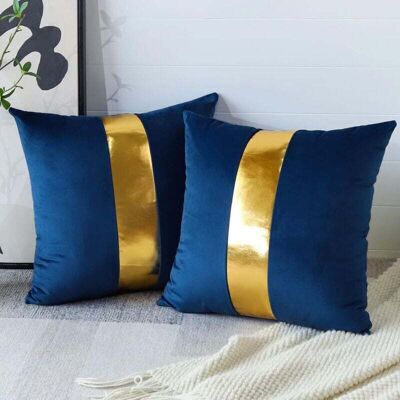 KZQ Set Di 2 Fodere Per Cuscini In Velluto E Pelle Dorata Per Decorazione D'Interni, Soggiorno, Camera Da Letto, 45 X 45 Cm, Blu Scuro - KZQ Set Di 2 Fodere Per Cuscini In Velluto E Pelle Dorata Per Decorazione D'Interni, Soggiorno, Camera Da Letto, 45 X 45 Cm, Blu Scuro -