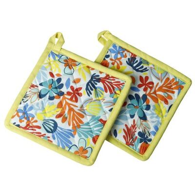 BRANDANI Set 2 Presine Quadrate Tahiti Cotone Decoro Floreale BRANDANI Set 2 Presine Quadrate Tahiti Cotone Decoro Floreale