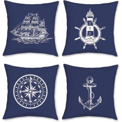 KEEMOTE Set Di 4 Federe Per Cuscini A Tema Nautico, 45 X 45 Cm, Blu Navy, Con Ancora, Faro, Barca A Vela E Bussola. Federa Decorativa In Poliestere E Lino. KEEMOTE Set Di 4 Federe Per Cuscini A Tema Nautico, 45 X 45 Cm, Blu Navy, Con Ancora, Faro, Barca A Vela E Bussola. Federa Decorativa In Poliestere E Lino.