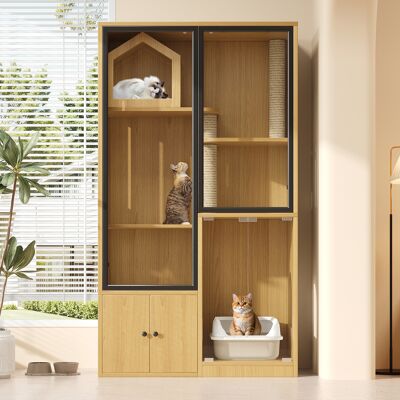 LONELYO Gabbia Per Gatti Casetta Per Gatti 90x50x160cm 4 Livelli Con Tiragraffi E Portaoggetti Vetro E Legno Stile Moderno Acero LONELYO Gabbia Per Gatti Casetta Per Gatti 90x50x160cm 4 Livelli Con Tiragraffi E Portaoggetti Vetro E Legno Stile Moderno Acero