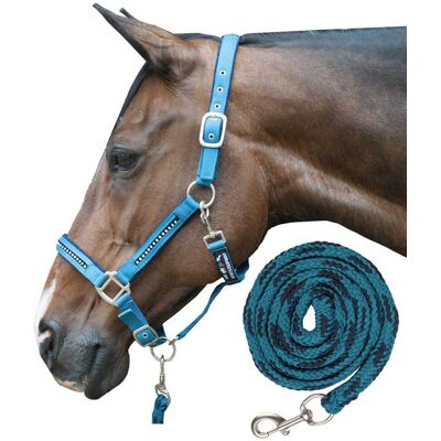 HKM Full, Petrolio E Blu Marino 5069: Capezza In Nylon Con Imbottitura Morbida E Strass Completa Di Longhina HKM Full, Petrolio E Blu Marino 5069: Capezza In Nylon Con Imbottitura Morbida E Strass Completa Di Longhina