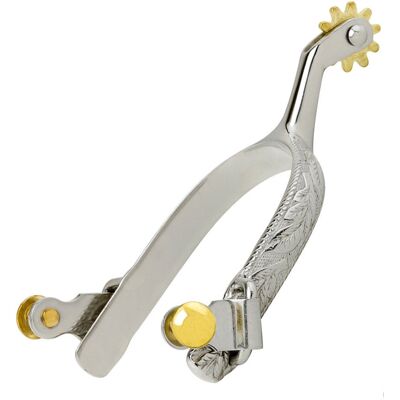 SARTORE Speroni Western Da Roping Decoro Foglia In Acciaio Inox Con Bottone E Rotelle Ottone SARTORE Speroni Western Da Roping Decoro Foglia In Acciaio Inox Con Bottone E Rotelle Ottone