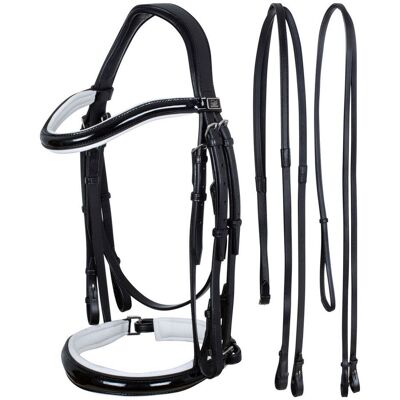 Supreme Full, Marrone: Briglia Per Dressage In Cuoio Con Profilo Bianco Completa Di Doppie Redini Supreme Full, Marrone: Briglia Per Dressage In Cuoio Con Profilo Bianco Completa Di Doppie Redini