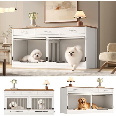 KELLANY Box Per Cani In Legno E Metallo, Gabbia Per Cani, Per 2 Cani, Casetta Per Cani Interna, Con Chiusura A Lucchetto, Porta Pieghevole, Parete Divisoria Removibile, 3 Cassetti, Bianco E Finitura Legno, Di KELLANY Box Per Cani In Legno E Metallo, Gabbia Per Cani, Per 2 Cani, Casetta Per Cani Interna, Con Chiusura A Lucchetto, Porta Pieghevole, Parete Divisoria Removibile, 3 Cassetti, Bianco E Finitura Legno, Di