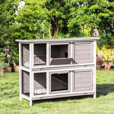 PZCC Conigliera Pawhut In Legno Massello, 2 Livelli, Tetto Incernierato Con Vassoi Per Il Cibo, Vassoi Scorrevoli, 4 Sportelli, 122 X 50 X 101 Cm, Grigio/bianco PZCC Conigliera Pawhut In Legno Massello, 2 Livelli, Tetto Incernierato Con Vassoi Per Il Cibo, Vassoi Scorrevoli, 4 Sportelli, 122 X 50 X 101 Cm, Grigio/bianco