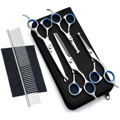 Zone Forbici Per Toelettatura Cani, Kit Per Toelettatura Cani In Acciaio Inossidabile Con Punte Di Sicurezza Rotonde, Incluse Forbici Sfoltitrici, Forbici Curve, Forbici Dritte, Pettine Per Toelettatura B Zone Forbici Per Toelettatura Cani, Kit Per Toelettatura Cani In Acciaio Inossidabile Con Punte Di Sicurezza Rotonde, Incluse Forbici Sfoltitrici, Forbici Curve, Forbici Dritte, Pettine Per Toelettatura B