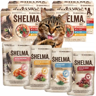 OEM Shelma Cibo Umido Per Gatti: Salmone, Merluzzo, Manzo, Filetti Di Pollo, 48x85g OEM Shelma Cibo Umido Per Gatti: Salmone, Merluzzo, Manzo, Filetti Di Pollo, 48x85g
