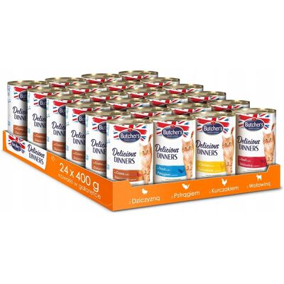 OEM Cibo Umido Per Gatti Butchers, Confezione Da 24 Lattine Da 400 G, Mix Di Gusti, Senza Cereali. OEM Cibo Umido Per Gatti Butchers, Confezione Da 24 Lattine Da 400 G, Mix Di Gusti, Senza Cereali.