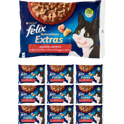Purina Felix Sensations Extras Con Manzo Formaggio Pollo & Bacon 10 Confezioni Da 4 Buste Da 100 Grammi Purina Felix Sensations Extras Con Manzo Formaggio Pollo & Bacon 10 Confezioni Da 4 Buste Da 100 Grammi