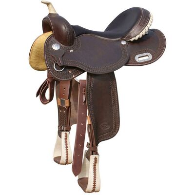 POOL'S 15,5", Marrone Scuro: Sella Western Da Barrel In Cuoio Ingrassato Con Arcione In Ralide 5020 POOL'S 15,5", Marrone Scuro: Sella Western Da Barrel In Cuoio Ingrassato Con Arcione In Ralide 5020