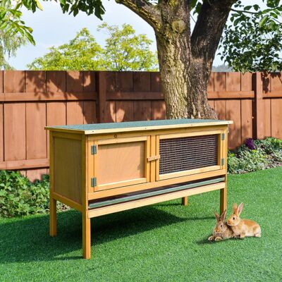 KELLANY Hasenstall Kaninchenstall Aus Holz Mit Aufklappbarem Dach, 2 Türen, Auslaufsicherer Schale, 115x44,3x65 Cm Hellgelb KELLANY Hasenstall Kaninchenstall Aus Holz Mit Aufklappbarem Dach, 2 Türen, Auslaufsicherer Schale, 115x44,3x65 Cm Hellgelb