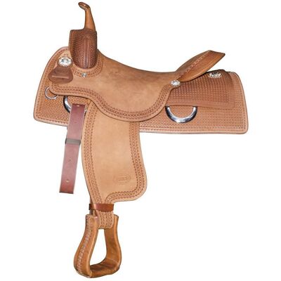 AMAHORSE 17", Cognac Marrone Chiaro Naturale: Sella Western Team Penning In Cuoio Rovesciato Con Lavorazioni E Arcione In Ralide 444 AMAHORSE 17", Cognac Marrone Chiaro Naturale: Sella Western Team Penning In Cuoio Rovesciato Con Lavorazioni E Arcione In Ralide 444