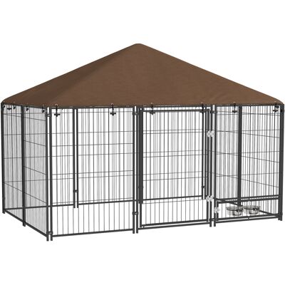 GIORDANOSHOP Recinto Per Cani 211x141x151 Cm Con Porticina Per Ciotole In Metallo E Tessuto Oxford Nero E Marrone GIORDANOSHOP Recinto Per Cani 211x141x151 Cm Con Porticina Per Ciotole In Metallo E Tessuto Oxford Nero E Marrone