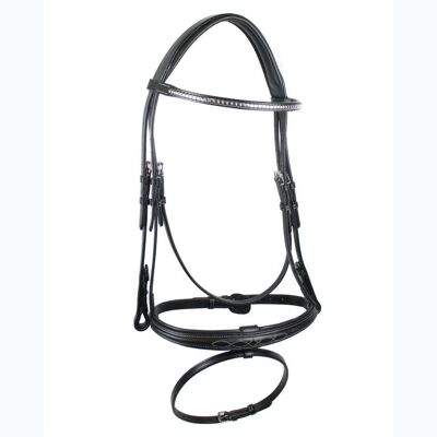 TATTINI Full, Nero: Briglia Inglese In Cuoio Con Frontalino Metallico E Impunture A Contrasto Completa Di Redini In Gomma TATTINI Full, Nero: Briglia Inglese In Cuoio Con Frontalino Metallico E Impunture A Contrasto Completa Di Redini In Gomma