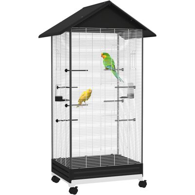 IROVAMI Voliera Su Supporto, Gabbia Da Interno Con Ruote, 2 Mangiatoie, 8 Posatoi, 79 X 65 X 155 Cm, Filo D'Acciaio Nero IROVAMI Voliera Su Supporto, Gabbia Da Interno Con Ruote, 2 Mangiatoie, 8 Posatoi, 79 X 65 X 155 Cm, Filo D'Acciaio Nero