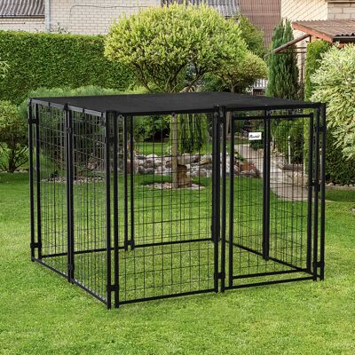 PZCC Recinto Per Cani In Acciaio Pieghevole Con Copertura, Box Per Animali A 8 Pannelli Con Porta Bloccabile, 141x141x113cm, Nero PZCC Recinto Per Cani In Acciaio Pieghevole Con Copertura, Box Per Animali A 8 Pannelli Con Porta Bloccabile, 141x141x113cm, Nero