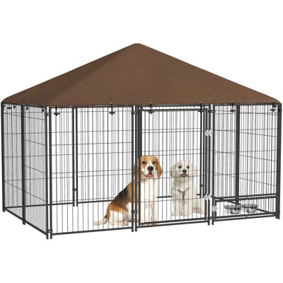 TORMATOR Recinto Per Cani In Metallo E Tessuto Oxford Con Porticina Per Ciotole, 211x141x151 Cm, Nero E Marrone TORMATOR Recinto Per Cani In Metallo E Tessuto Oxford Con Porticina Per Ciotole, 211x141x151 Cm, Nero E Marrone