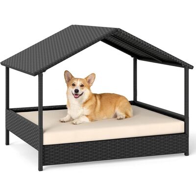 COSTWAY Casetta Per Cani,letto Rialzato In Rattan, Con Tetto E Cuscino, Fino A 60kg, Beige COSTWAY Casetta Per Cani,letto Rialzato In Rattan, Con Tetto E Cuscino, Fino A 60kg, Beige