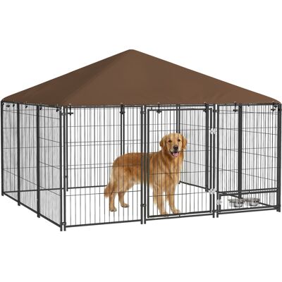 TORMATOR Recinto Per Cani In Metallo E Tessuto Oxford Con Porticina Per Ciotole, 211x211x151 Cm, Nero E Marrone TORMATOR Recinto Per Cani In Metallo E Tessuto Oxford Con Porticina Per Ciotole, 211x211x151 Cm, Nero E Marrone