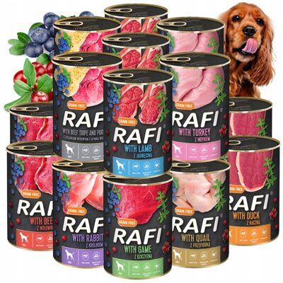 OEM Rafi Cereali Senza Cereali Dolina Noteci Lattine Mix Di Gusti Per Cani 16x400g OEM Rafi Cereali Senza Cereali Dolina Noteci Lattine Mix Di Gusti Per Cani 16x400g