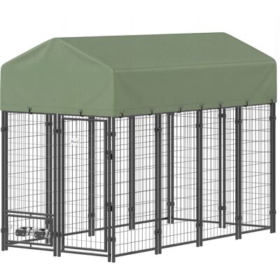 PawHut Kennel Per Cani Da Esterno In Acciaio Con Tetto E Ciotole Verde PawHut Kennel Per Cani Da Esterno In Acciaio Con Tetto E Ciotole Verde