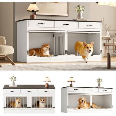 KELLANY Box Per Cani In Legno E Metallo, Gabbia Per Cani, Per 2 Cani, Cuccia Interna, Con Chiusura A Serratura, Porta Pieghevole, Parete Divisoria Rimovibile, 3 Cassetti, Bianco E Nero, Oversized, Dimensioni KELLANY Box Per Cani In Legno E Metallo, Gabbia Per Cani, Per 2 Cani, Cuccia Interna, Con Chiusura A Serratura, Porta Pieghevole, Parete Divisoria Rimovibile, 3 Cassetti, Bianco E Nero, Oversized, Dimensioni