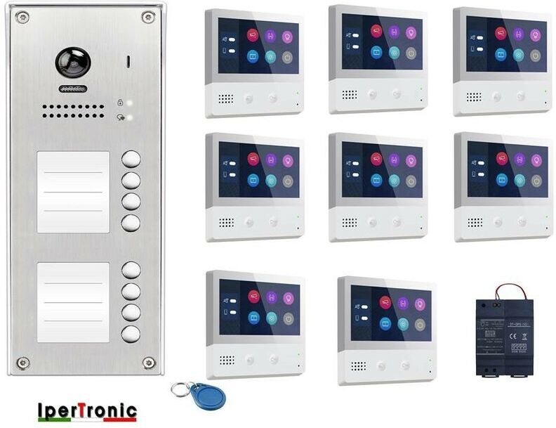 IPERTRONIC - kit videocitofono 10 appartamenti con pulsantiera dieci tasti e monitor Touch 7 pollici a colori 2 fili