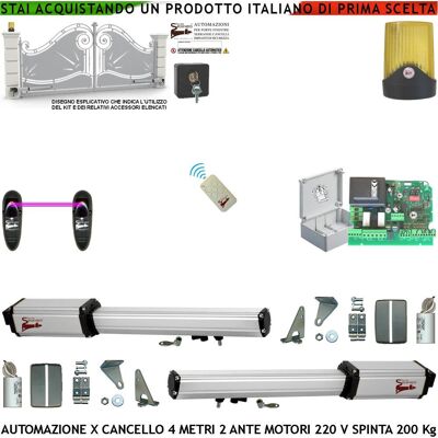 SECURVERA Apricancello Elettrico 4 Metri 2 Ante Da 2 Mt Kit Base 2 Motori Elettromeccanici 230 V Corsa 30 Cm Spinta 2 Q.li Sblocco Staffe Radiocomando Coppia Di Fotocellule Selettore 2 Ck Faro Cartello Monitore SECURVERA Apricancello Elettrico 4 Metri 2 Ante Da 2 Mt Kit Base 2 Motori Elettromeccanici 230 V Corsa 30 Cm Spinta 2 Q.li Sblocco Staffe Radiocomando Coppia Di Fotocellule Selettore 2 Ck Faro Cartello Monitore