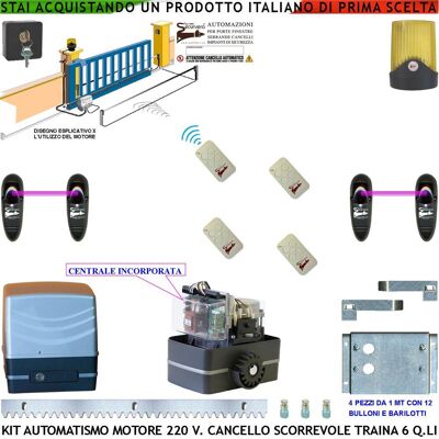 SECURVERA Kit Automatismo Cancello Scorrevole Da 4 Mt Motore 220 V Con Centrale Traina 6 Q.li 4 Radiocomandi Faro Antenna Selettore 2 Fotocellule SECURVERA Kit Automatismo Cancello Scorrevole Da 4 Mt Motore 220 V Con Centrale Traina 6 Q.li 4 Radiocomandi Faro Antenna Selettore 2 Fotocellule