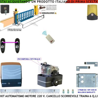SECURVERA Kit Automatismo 230 V Per Cancello Scorrevole Traina 6 Q.li Centrale Radiocomando Faro Selettore Coppia Fotocellule Pignone Acciaio M4 Z12 Fine Corsa Elettromeccanico 3 Metri Cremagliera In Acciaio SECURVERA Kit Automatismo 230 V Per Cancello Scorrevole Traina 6 Q.li Centrale Radiocomando Faro Selettore Coppia Fotocellule Pignone Acciaio M4 Z12 Fine Corsa Elettromeccanico 3 Metri Cremagliera In Acciaio