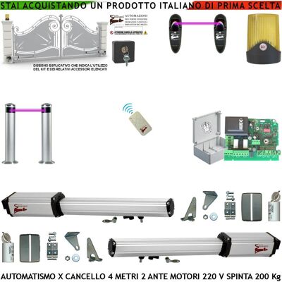 SECURVERA Cancello Automatico 4 Metri 2 Ante Da 2 Mt Kit 2 Motori Elettromeccanici 230 V Sblocco Corsa 300mm Spinta 2 Q.li Staffe Radiocomando 2 Coppie Fotocellule 2 Pali Selettore 2 Ck Faro Cartello Monitore SECURVERA Cancello Automatico 4 Metri 2 Ante Da 2 Mt Kit 2 Motori Elettromeccanici 230 V Sblocco Corsa 300mm Spinta 2 Q.li Staffe Radiocomando 2 Coppie Fotocellule 2 Pali Selettore 2 Ck Faro Cartello Monitore