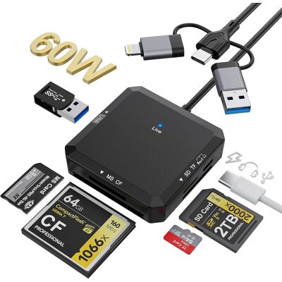 TIGREZY Lettore Di Schede 8 In 1 Con Connettori Usb-c, Usb-a E Lightning 3 Porte Per Schede Sd, Tf, Cf, Ms, Usb-a, Usb-c E Otg. TIGREZY Lettore Di Schede 8 In 1 Con Connettori Usb-c, Usb-a E Lightning 3 Porte Per Schede Sd, Tf, Cf, Ms, Usb-a, Usb-c E Otg.