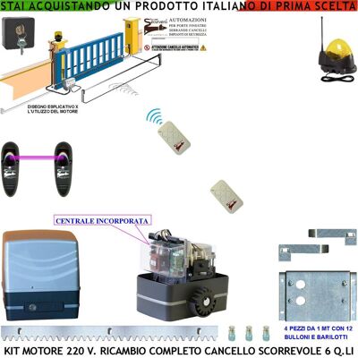 SECURVERA Kit Automatismo Cancello Scorrevole Da 4 Mt Motore 220 V Con Centrale Traina 6 Q.li 2 Radiocomandi Faro Antenna Selettore Fotocellule SECURVERA Kit Automatismo Cancello Scorrevole Da 4 Mt Motore 220 V Con Centrale Traina 6 Q.li 2 Radiocomandi Faro Antenna Selettore Fotocellule