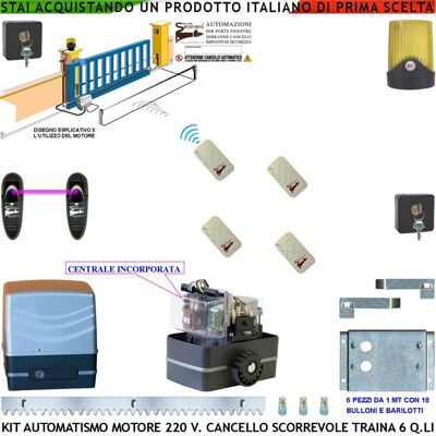 SECURVERA Kit Automatismo Cancello Scorrevole Da 6 Mt Motore 220 V Con Centrale Traina 6 Q.li 4 Radiocomandi Faro Antenna 2 Selettori Fotocellule SECURVERA Kit Automatismo Cancello Scorrevole Da 6 Mt Motore 220 V Con Centrale Traina 6 Q.li 4 Radiocomandi Faro Antenna 2 Selettori Fotocellule