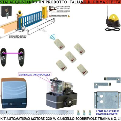 SECURVERA Cancello Scorrevole 6 Q.li Kit Automatismo Motore 220 V 5 Radiocomandi 7 Cremagliere Acciaio Selettore Fotocellule Faro Antenna SECURVERA Cancello Scorrevole 6 Q.li Kit Automatismo Motore 220 V 5 Radiocomandi 7 Cremagliere Acciaio Selettore Fotocellule Faro Antenna