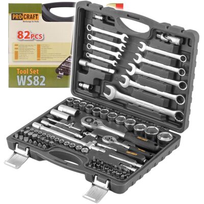 Procraft Set Di Chiavi A Bussola Ws-82, 82 Pezzi, 1/4" / 1/2", Cricchetto / Chiave / Bussola / Punte + Valigetta Procraft Set Di Chiavi A Bussola Ws-82, 82 Pezzi, 1/4" / 1/2", Cricchetto / Chiave / Bussola / Punte + Valigetta