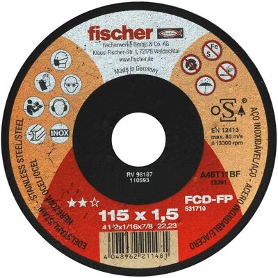 Fischer Fcd-fp 115x1,5 Inox Disco Da Taglio Per Metallo E Acciaio Inox Ad Elevate Prestazioni, Tipo 41 Piatto, Per Smerigliatrice Angolare, 1 Pz Fischer Fcd-fp 115x1,5 Inox Disco Da Taglio Per Metallo E Acciaio Inox Ad Elevate Prestazioni, Tipo 41 Piatto, Per Smerigliatrice Angolare, 1 Pz