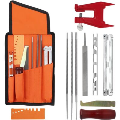 OEM Kit Universale Per Affilare La Motosega, Set Di Lime Per Affilare Le Maglie Della Catena Con Lime, Manici In Legno, Calibro Di Profondità, Guida Per La Lucidatura, Borsa Porta Attrezzi E Viti Da Banco OEM Kit Universale Per Affilare La Motosega, Set Di Lime Per Affilare Le Maglie Della Catena Con Lime, Manici In Legno, Calibro Di Profondità, Guida Per La Lucidatura, Borsa Porta Attrezzi E Viti Da Banco