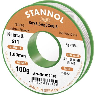 Stannol Kristall 611 Fairtin Stagno Senza Piombo Senza Piombo Sn96,5ag3cu0,5 Rem1 100 G 1 Mm - Stannol Kristall 611 Fairtin Stagno Senza Piombo Senza Piombo Sn96,5ag3cu0,5 Rem1 100 G 1 Mm -