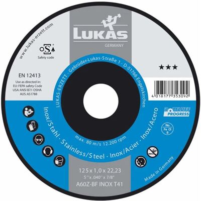 Disco di taglio Lukas 125 x 1,0 x 22,23 mm - Acciaio Inox Disco di taglio Lukas 125 x 1,0 x 22,23 mm - Acciaio Inox