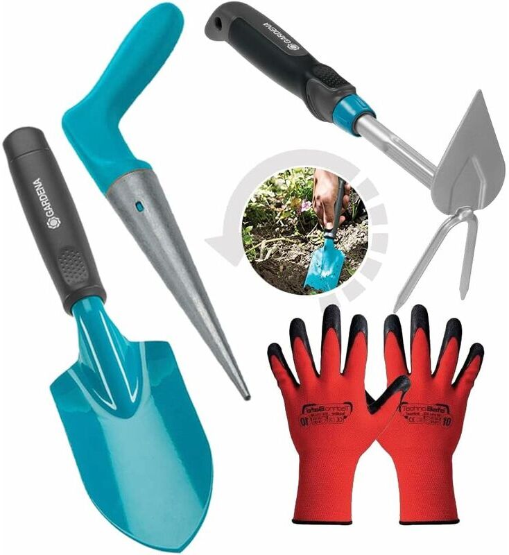 Gardena - Set attrezzi giardinaggio in acciaio - Pala trapiantatore + Zappetta a cuore con bidente + Foraterra con punta zincata + Guanti da giardino