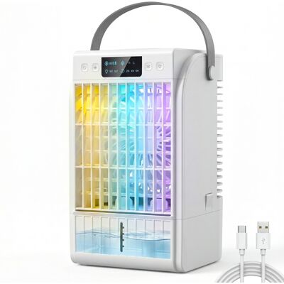 TORMATOR Condizionatore D'Aria Portatile, Mini Raffrescatore D'Aria 4 In 1, 4 Velocità, 2 Modalità Di Nebulizzazione, Illuminazione A Led Rgb, Bianco TORMATOR Condizionatore D'Aria Portatile, Mini Raffrescatore D'Aria 4 In 1, 4 Velocità, 2 Modalità Di Nebulizzazione, Illuminazione A Led Rgb, Bianco