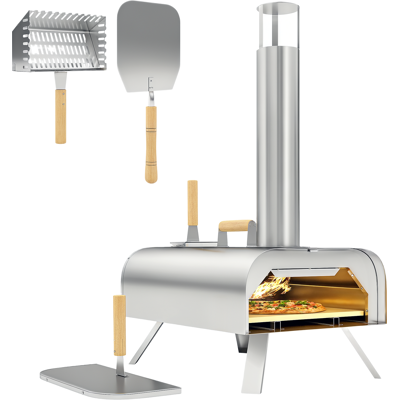 TORMATOR Forno Per Pizza Portatile Da Esterno A Legna O Pellet Con Pietra Refrattaria, Gambe Pieghevoli E Camino In Acciaio Inox Argentato. TORMATOR Forno Per Pizza Portatile Da Esterno A Legna O Pellet Con Pietra Refrattaria, Gambe Pieghevoli E Camino In Acciaio Inox Argentato.