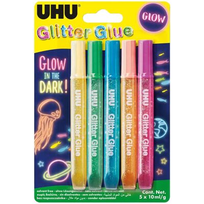 UHU - Tubetti Glitterati Colorati Glitter Glue Glow In The Dark 5x10 Ml UHU - Tubetti Glitterati Colorati Glitter Glue Glow In The Dark 5x10 Ml