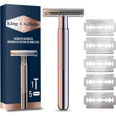 Gillette King C. Rasoio Di Sicurezza 1 Manico + 5 Lamette Da Barba In Acciaio Inossidabile Lametta Rivestita Di Platino Gillette King C. Rasoio Di Sicurezza 1 Manico + 5 Lamette Da Barba In Acciaio Inossidabile Lametta Rivestita Di Platino