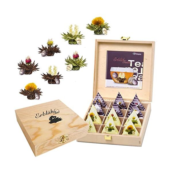 creano fiori di tè tèlini di creano in un formato di tazza - set regalo in una scatola da tè di legno - 12 fior di tè tèlini di 4 tipi diversi - tè bianco e tè nero